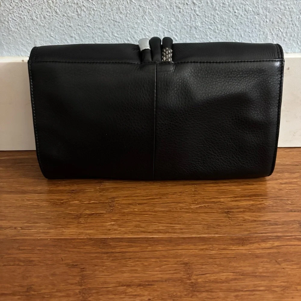 Tahari Black Leather Ruched Clutch Silver Chain Shoulder Bag